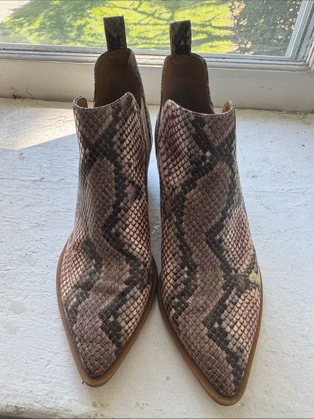 Dolce Vita Pink-Brown Snake-Print Pointed Ankle Booties